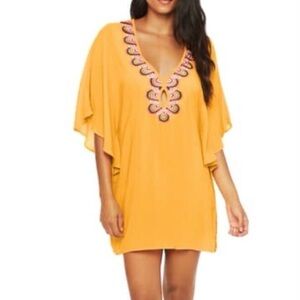 Trina Turk Rainbow Swirl Embroidered Tunic Top Dress Swim Cover Up Mango Small